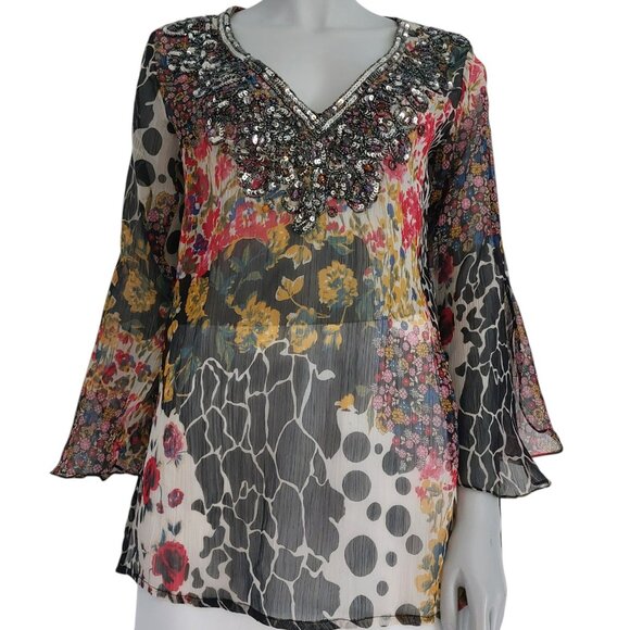 Vintage Y2K Top Medium Sheer Flowy Romeo Juliet Couture Multi Print Silky Sequin - Picture 2 of 16